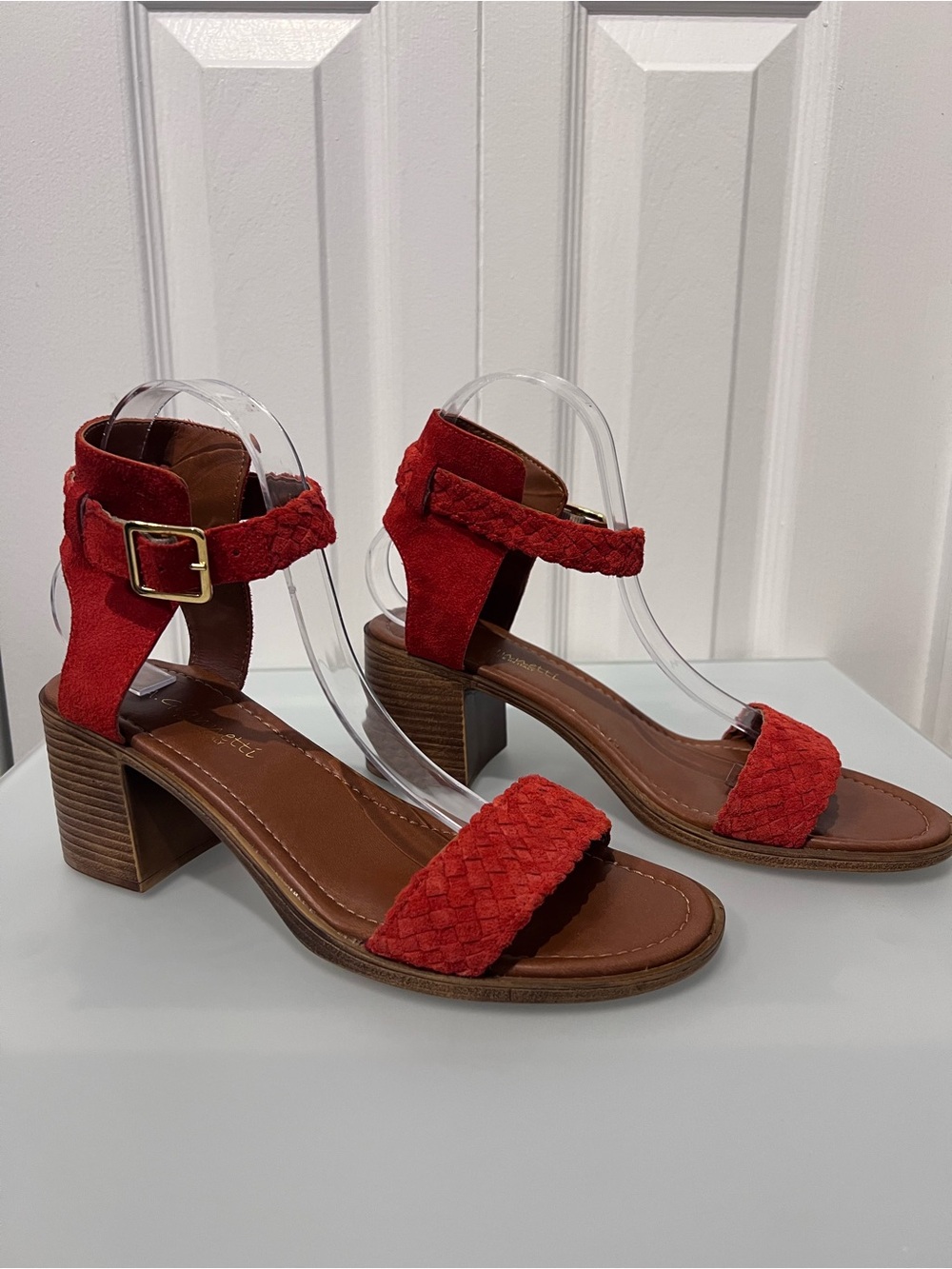 A. Giannetti Red Suede Block Heel Sandals Size 8.5